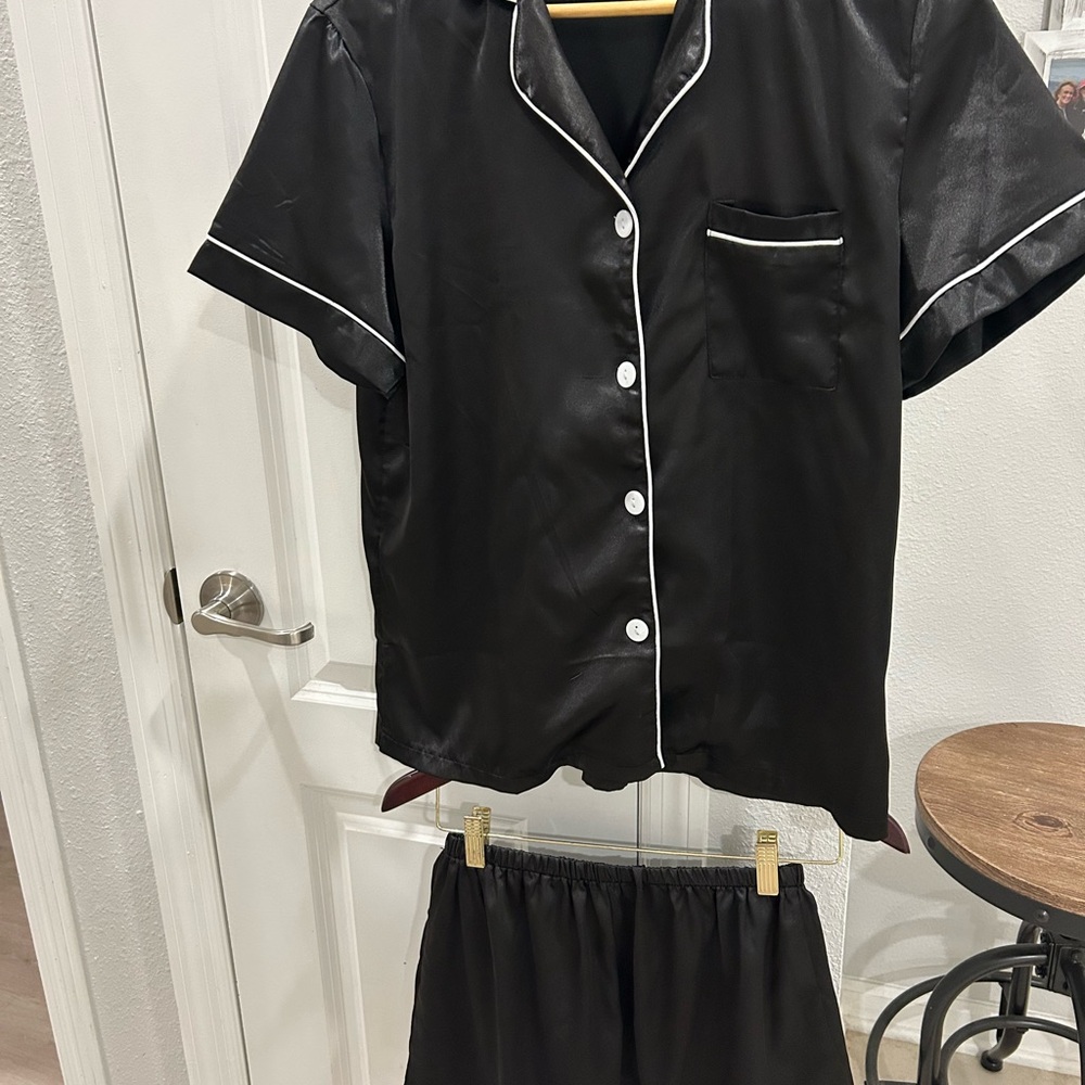 Black Satin Classic Pajama Set with White Trim